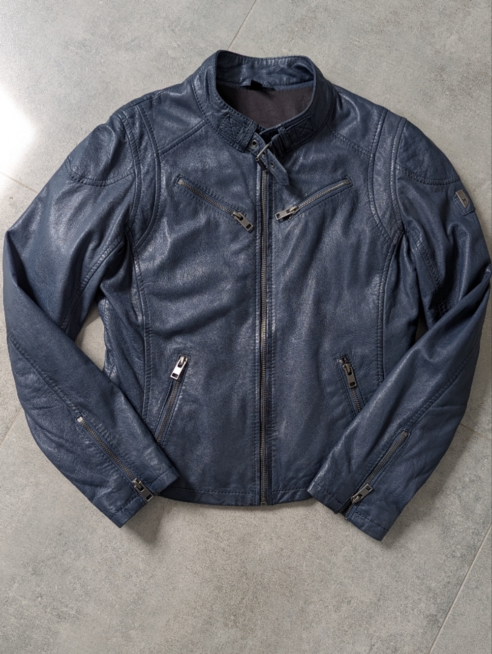 Mauritius Sandy Lamb Leather Jacket S | Dark Blue Moto Zip Regular Fit